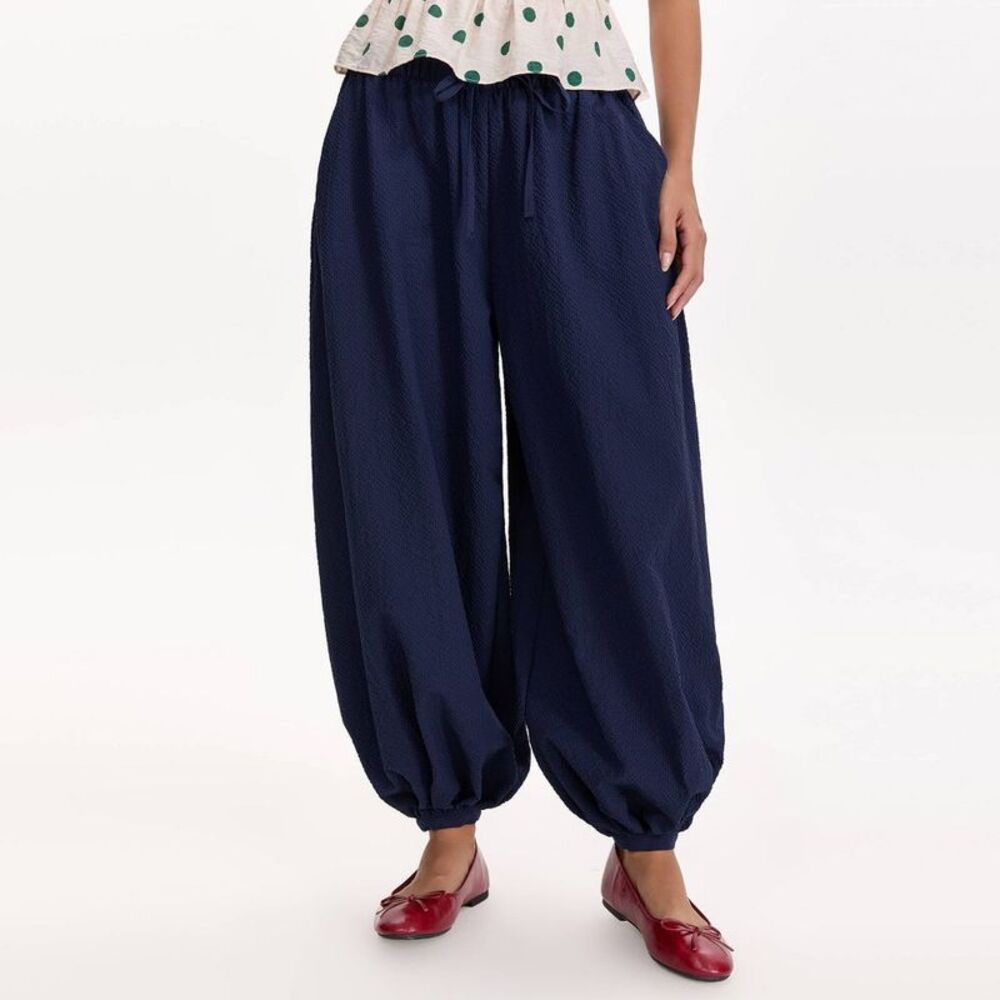Women's Mid-Rise Drawstring Balloon Pants - A New Day Navy Blue Check L